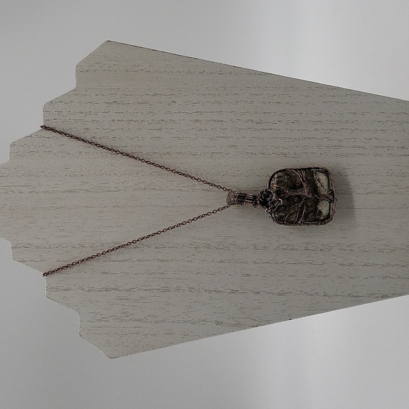 757- Natural Jasper Stone Wire Wrapped Tree Of Life Pendant Necklace Handmade - Picture 1 of 5